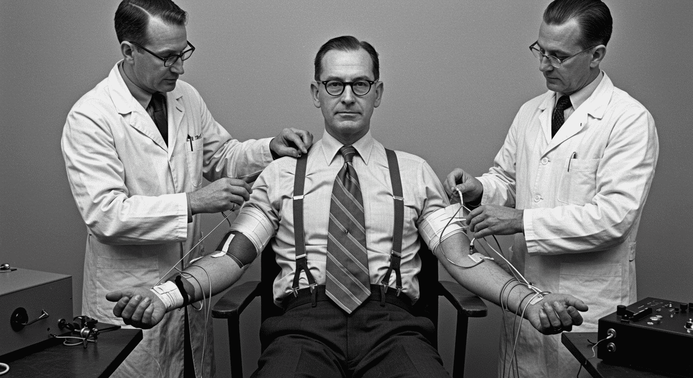 El experimento de Milgram: ¿Hasta dónde obedecerías a una autoridad? 6 Fotografía en blanco y negro de un hombre con gafas participando en un experimento científico. Imagen histórica sobre investigación y pruebas médicas. Ideal para contenido educativo sobre ciencia.