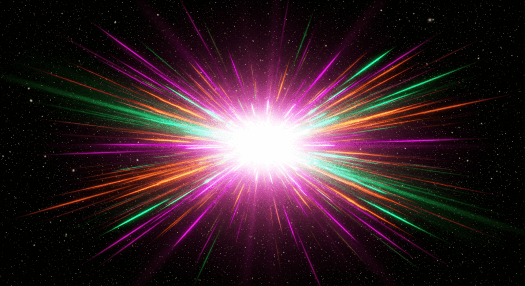 La Antimateria y sus posibles aplicaciones 5 Ilustración abstracta de una explosión cósmica con luz brillante y rayos de colores sobre un fondo estrellado. Representación visual de astronomía, energía y ciencia.