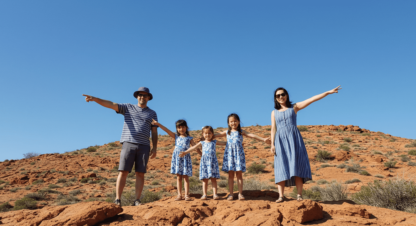 La química del amor (Parte 2): ¿Qué pasa en el cerebro cuando te enamoras? 7 Familia en cima de colina rocosa con brazos abiertos. Padre, madre e hijas disfrutando paisaje. Viaje familiar y aventura al aire libre