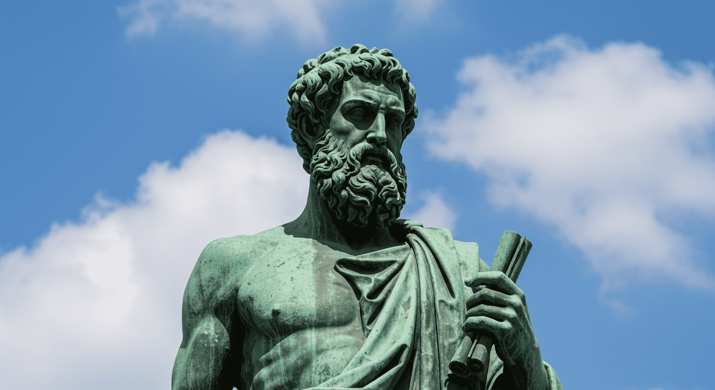 ¿Quién fue Sócrates y por qué sigue siendo clave en la filosofía actual? 5 Estatua de bronce de filósofo antiguo sosteniendo rollos de pergamino, con cielo azul nublado de fondo. Representación del saber clásico y la búsqueda del conocimiento. Ideal para contenido sobre historia y filosofía.