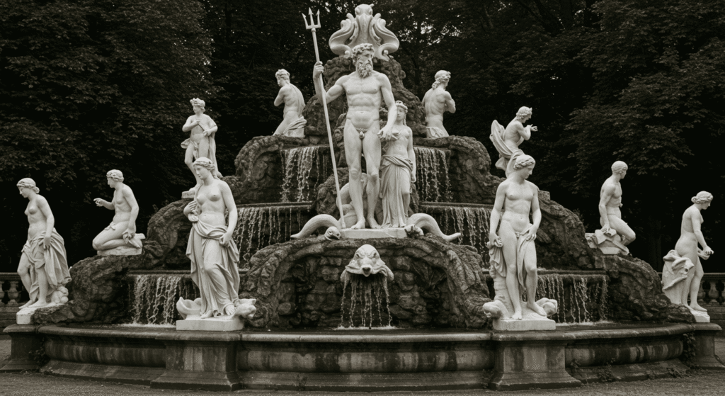 Mitología griega: Los dioses, héroes y leyendas que forjaron el mundo antiguo 2 Fuente de Neptuno con esculturas de mármol blanco. Estatuas clásicas de dioses y figuras mitológicas en una fuente ornamental. Escultura Neptuno Fuente.
