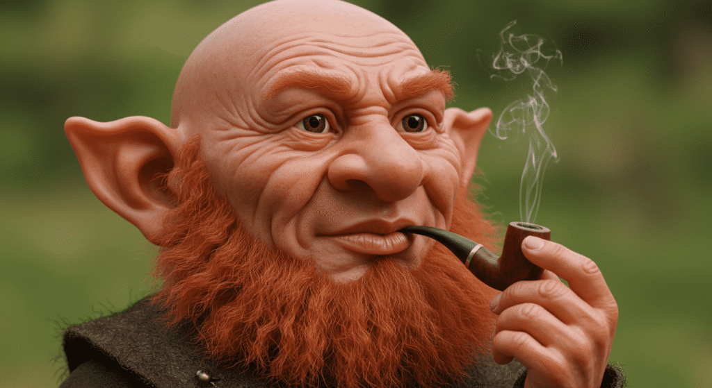 Los duendes: Mitos, leyendas y posibles explicaciones de estas misteriosas criaturas 4 Primer plano de un gnomo fumando una pipa. Figura con piel rosada arrugada, barba y pelo rojizos sobre un fondo verde desenfocado. Ideal para contenido de fantasía y personajes de cuento.