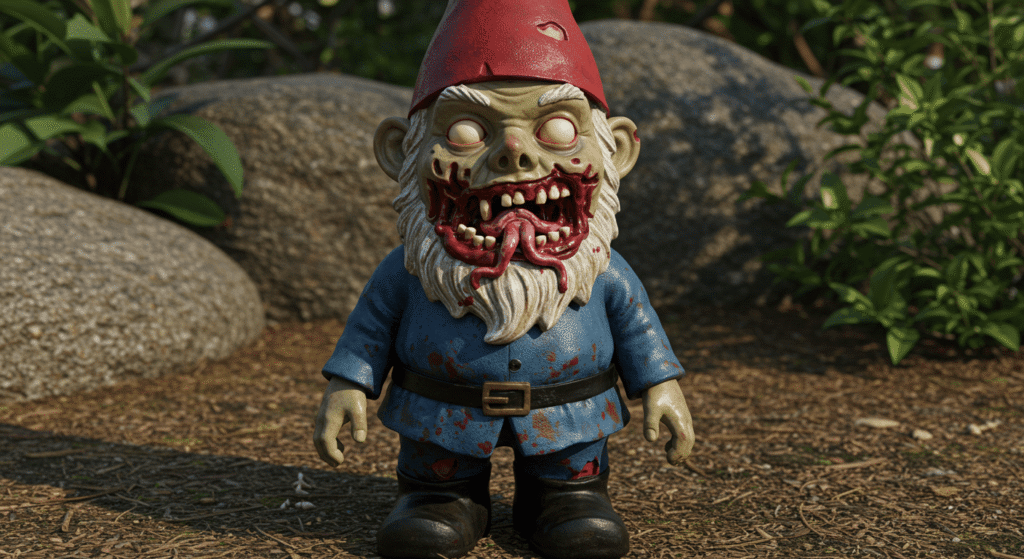 Los duendes: Mitos, leyendas y posibles explicaciones de estas misteriosas criaturas 7 Figura de jardín de un gnomo zombi con piel pálida, boca ensangrentada y vestido azul andrajoso. Imagen para decoraciones de Halloween, colecciones de terror y temáticas de zombies.