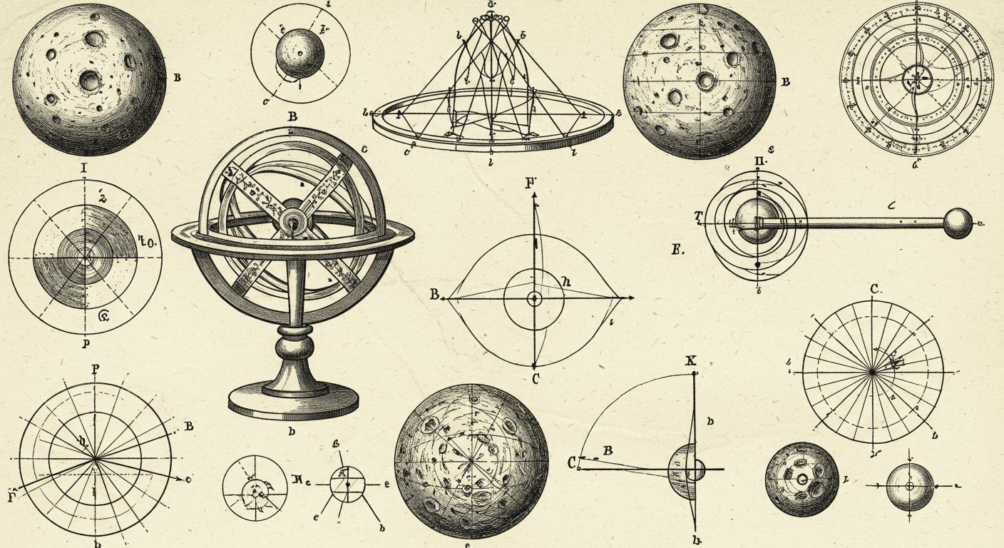 ¿Quién fue Nicolás Copérnico y por qué cambió nuestra visión del universo? 4 Grabado antiguo de ilustraciones astronómicas y geométricas. Dibujos técnicos de la luna, esfera armilar y diagramas científicos. Ideal para historia de la ciencia y educación.