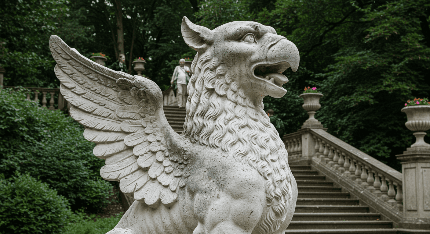 Datos curiosos que probablemente ignorabas hasta hoy 2 Escultura de grifo de piedra blanca en un jardín. Imagen de criatura mitológica para contenido de arte y cultura. Fotografía accesible para personas con discapacidad visual.