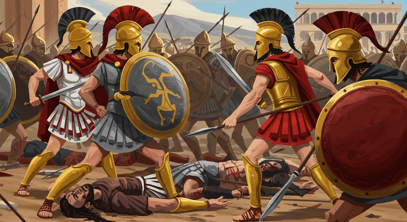 ¿Quién fue Sócrates y por qué sigue siendo clave en la filosofía actual? 2 Ilustración de batalla épica entre guerreros griegos antiguos con armaduras, escudos y lanzas. Representación del combate histórico, ideal para contenido educativo sobre la Antigua Grecia y la guerra en la antigüedad.