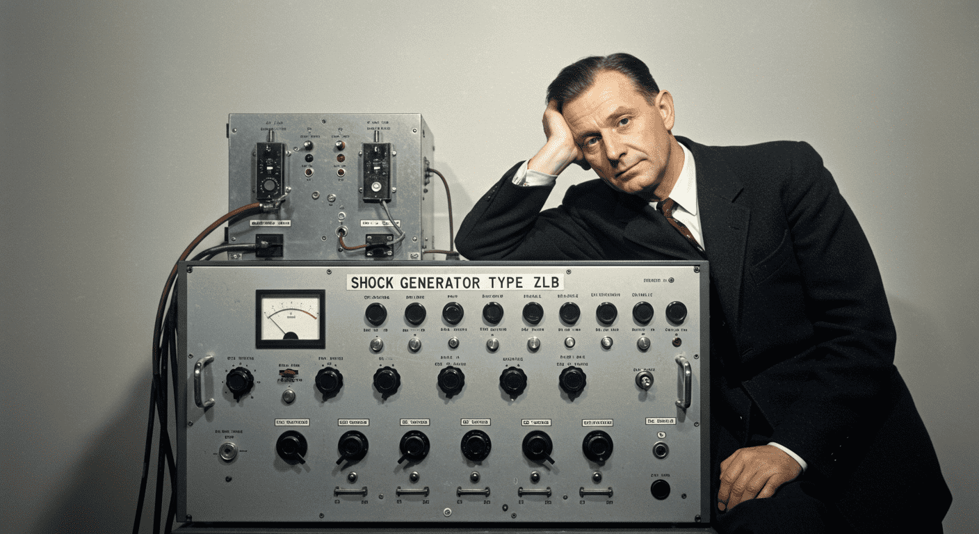 El experimento de Milgram: ¿Hasta dónde obedecerías a una autoridad? 7 Fotografía a color de un hombre con un traje apoyado en un generador de descargas eléctricas. Imagen de la historia de la psicología y la ética en la investigación científica. Ideal para contenido educativo.