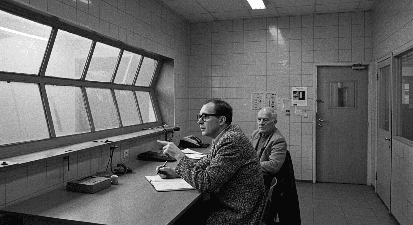El experimento de Milgram: ¿Hasta dónde obedecerías a una autoridad? 5 Fotografía en blanco y negro de dos hombres observando a través de un vidrio en un laboratorio. Imagen de investigación científica y experimentación. Ideal para contenido educativo sobre psicología y ciencias.