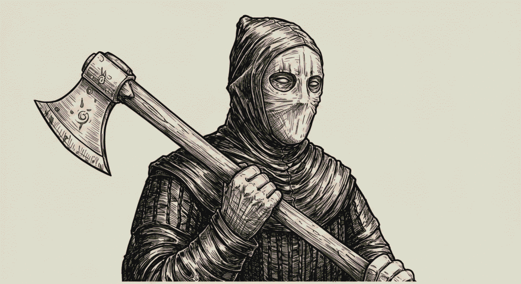 Los 6 verdugos más sanguinarios de la historia: Crueldad con sello oficial 6 "Ilustración antigua en blanco y negro que muestra a un verdugo encapuchado con un hacha. Contenido sensible. Apto para personas con discapacidad visual, con advertencia sobre contenido gráfico."