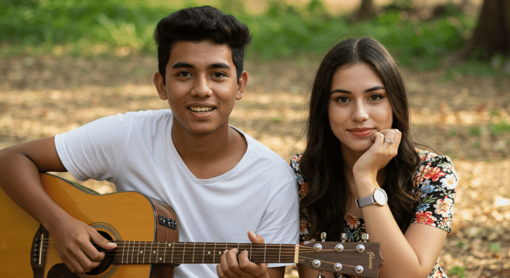 La química del amor (Parte 1): ¿Qué ocurre en tu cerebro cuando te enamoras? 4 Joven tocando la guitarra para una chica en un entorno natural. Música, romance y juventud al aire libre.