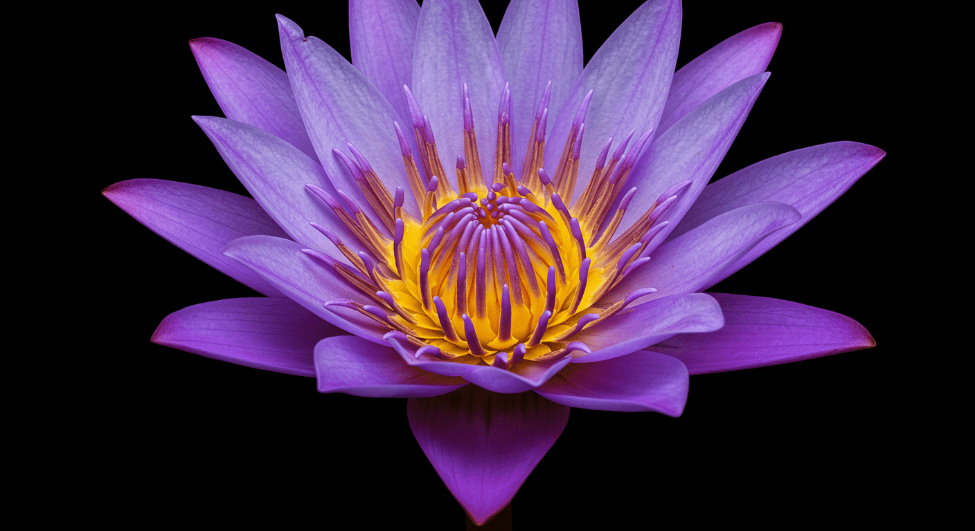 Psicología del color: Cómo los colores influyen en el marketing y tus decisiones 7 Primer plano de flor de loto púrpura sobre fondo negro. Imagen detallada de planta acuática exótica. Fotografía para accesibilidad y posicionamiento SEO.