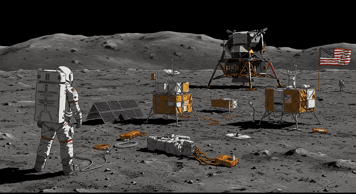 Medio siglo en la Luna: Así fue la histórica llegada del hombre a la luna en 1969 5 Astronauta explorando la superficie lunar con equipo científico. Imagen de la misión Apolo para contenido de exploración espacial y descubrimientos. Accesible para personas con discapacidad visual.