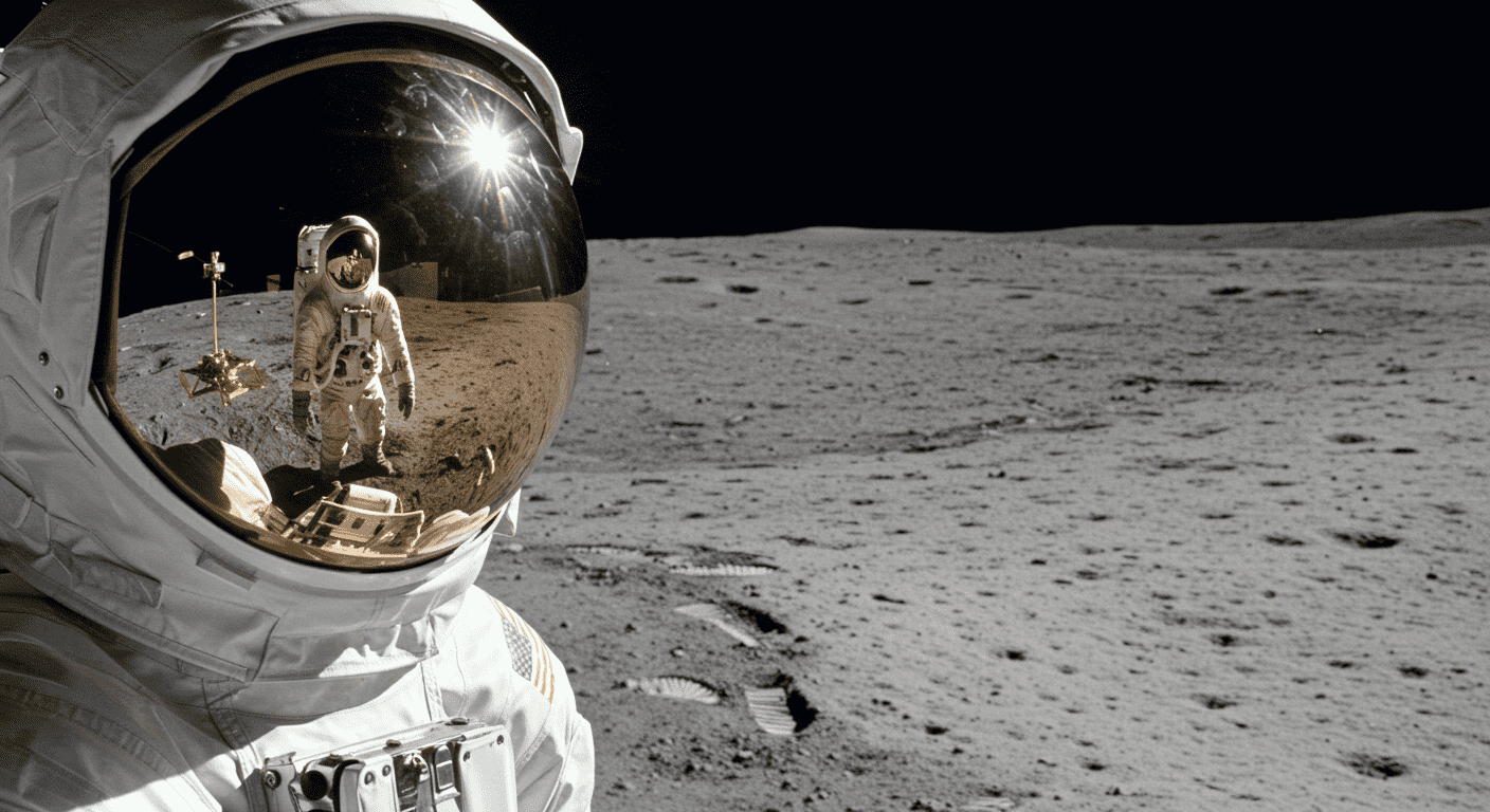 Medio siglo en la Luna: Así fue la histórica llegada del hombre a la luna en 1969 7 Astronauta de pie en la superficie lunar. Imagen de la misión Apolo para contenido de exploración espacial y ciencia. Fotografía accesible para personas con discapacidad visual.