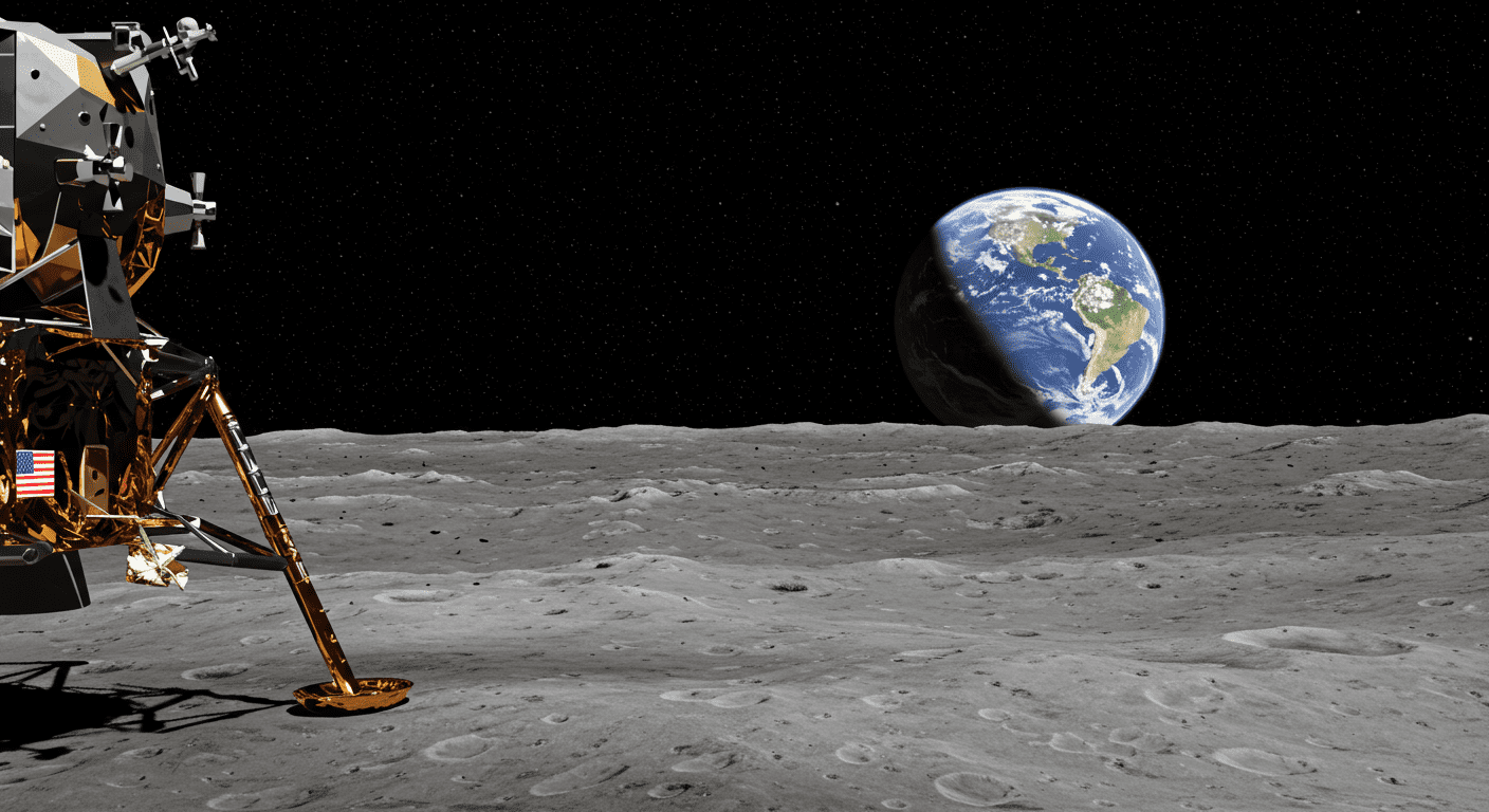 Medio siglo en la Luna: Así fue la histórica llegada del hombre a la luna en 1969 6 Módulo lunar en la Luna con vista de la Tierra. Imagen de la misión Apolo para contenido de exploración espacial y ciencia. Fotografía accesible para personas con discapacidad visual.