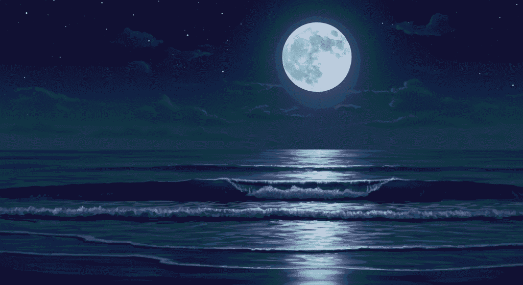 La Luna: Ciencia y curiosidades del satélite que nos hipnotiza 3 Noche estrellada con luna llena sobre el mar en calma. Paisaje marino nocturno con olas y brillo lunar.