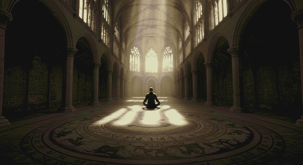 ¿Obsesión o revelación? El misterio de los números 3, 6 y 9 de Nikola Tesla 2 Hombre meditando en un antiguo salón con mosaico circular. Interior de catedral, meditación, simbolismo. Foto accesible para personas con discapacidad visual.