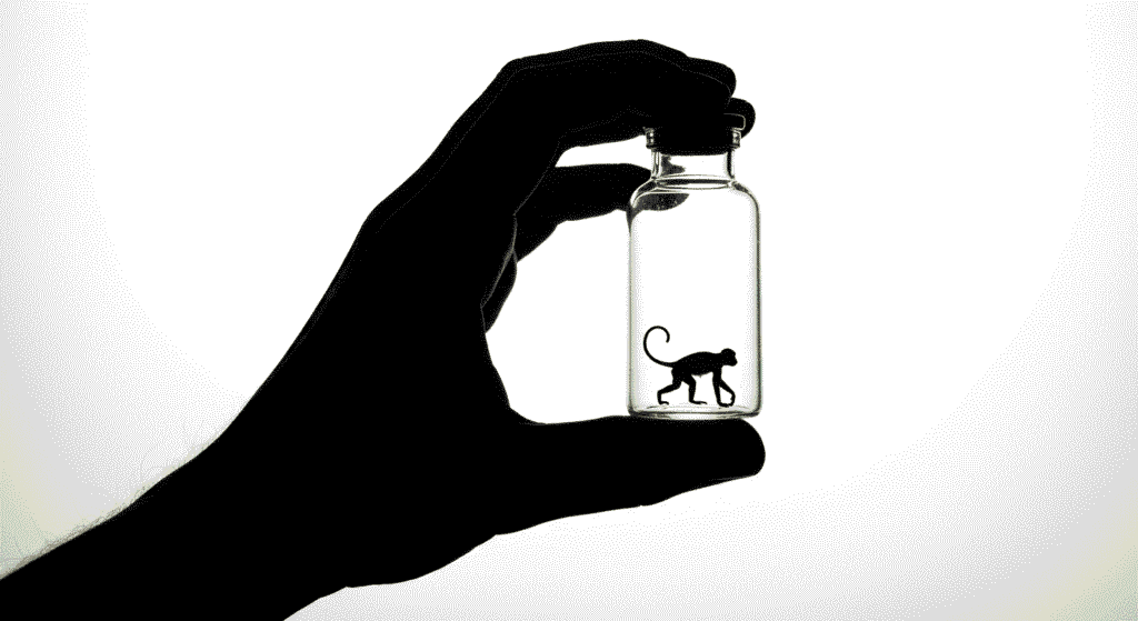 Los primeros monos clonados: El experimento que cambió la ciencia para siempre 4 Silueta de mano sosteniendo una botella con un pequeño mono dentro. Imagen conceptual, minimalista y simbólica. Foto accesible para personas con discapacidad visual.