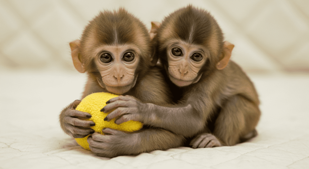 Los primeros monos clonados: El experimento que cambió la ciencia para siempre 3 Dos tiernos monos clonados abrazados sobre una superficie acolchada blanca. Imagen de primates bebés, clonación y afecto animal. Foto accesible para personas con discapacidad visual.