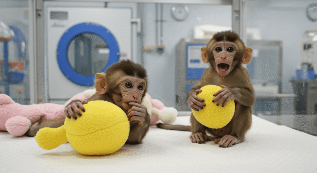 Los primeros monos clonados: El experimento que cambió la ciencia para siempre 5 Dos monos bebés clonados juegan en un recinto de laboratorio. Imagen de primates, investigación científica con animales, clonación y desarrollo. Foto accesible para personas con discapacidad visual.