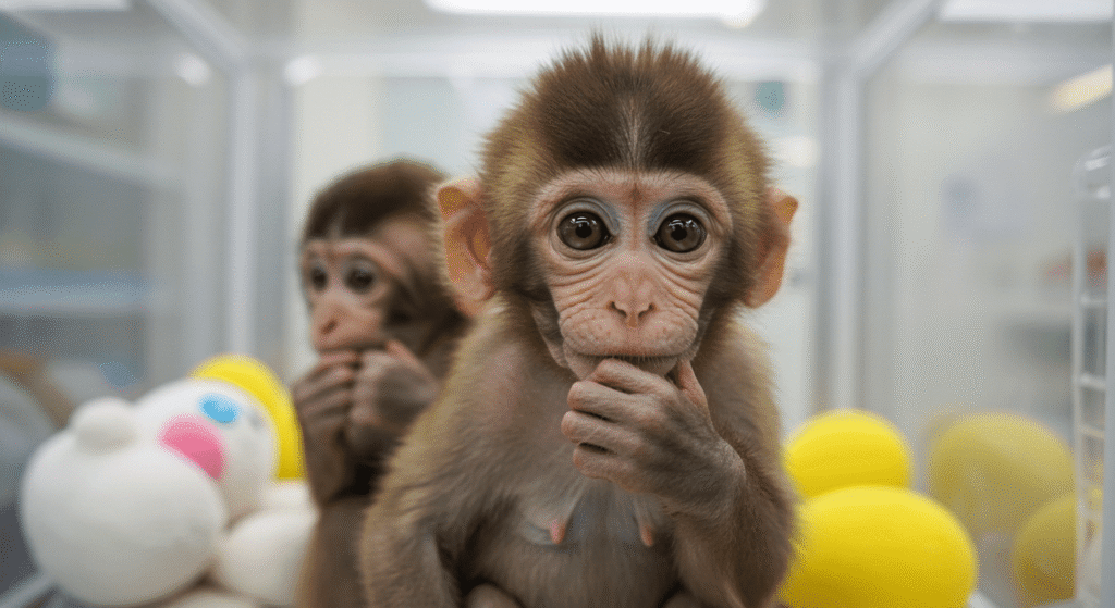 Los primeros monos clonados: El experimento que cambió la ciencia para siempre 2 Dos pequeños monos clonados en laboratorio. Imagen de primates bebés, investigación científica con animales, clonación y desarrollo. Foto accesible para personas con discapacidad visual.