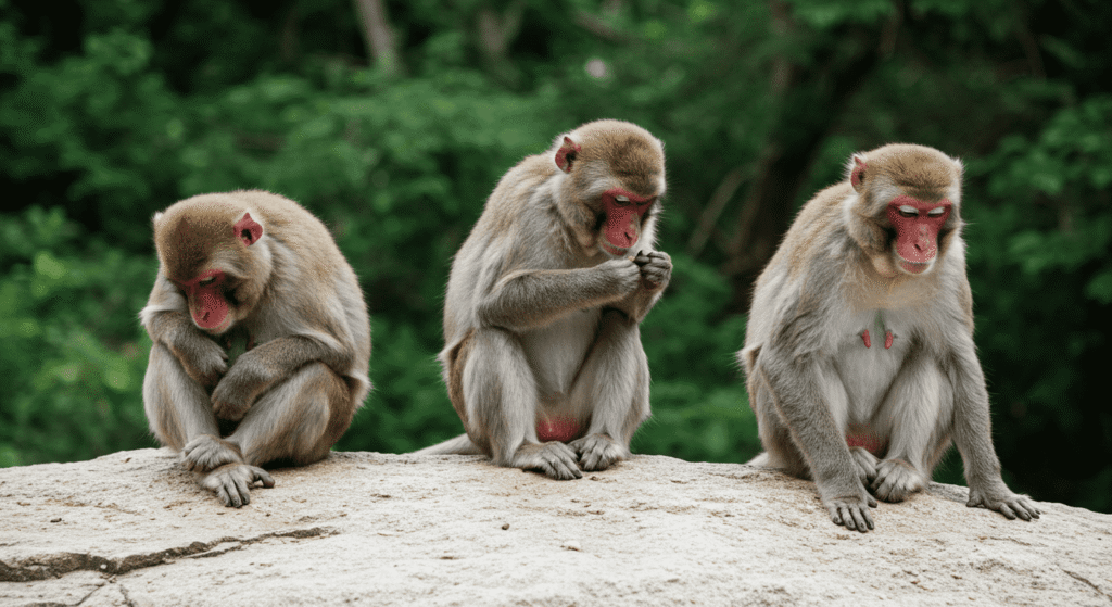 ¿Atracción natural o cultural? Por qué los glúteos nos parecen tan atractivos 2 Monos descansando en roca. Tres macacos sentados sobre una piedra en un entorno natural. Fauna silvestre, primates, comportamiento animal.