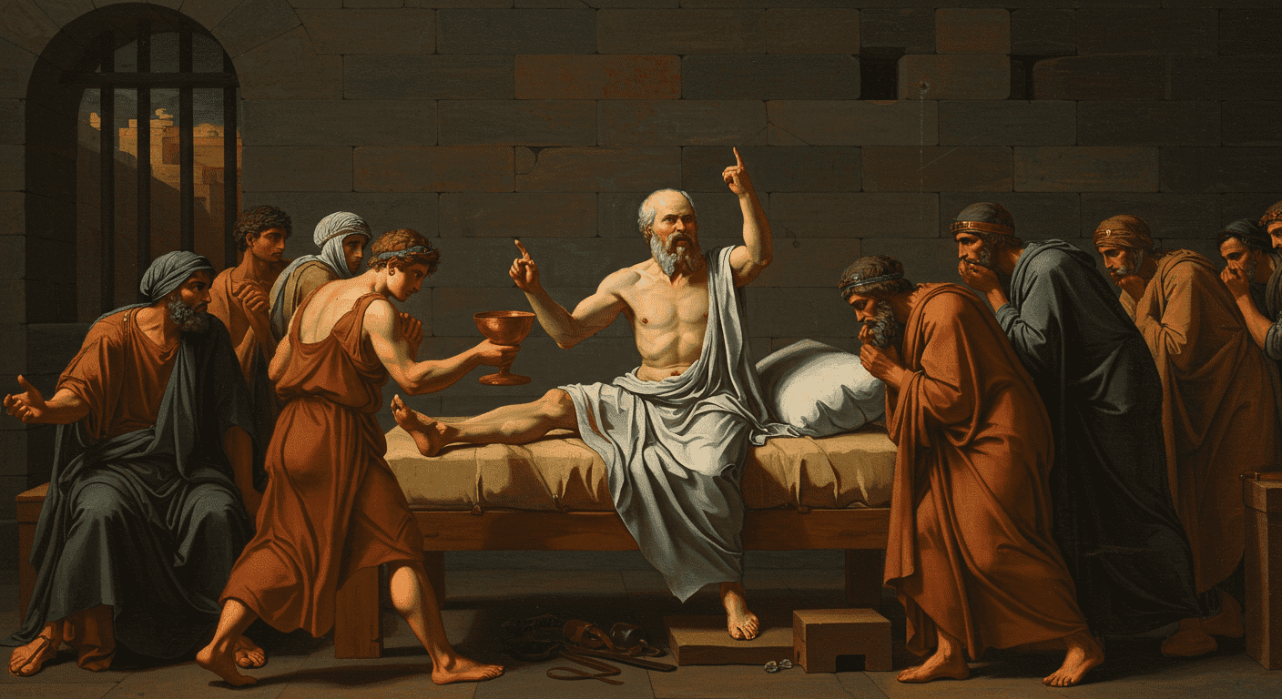 ¿Quién fue Sócrates y por qué sigue siendo clave en la filosofía actual? 6 Pintura que representa la muerte de Sócrates en prisión, rodeado de discípulos. Imagen artística sobre filosofía, justicia y el legado de Sócrates. Ideal para contenido educativo y cultural.