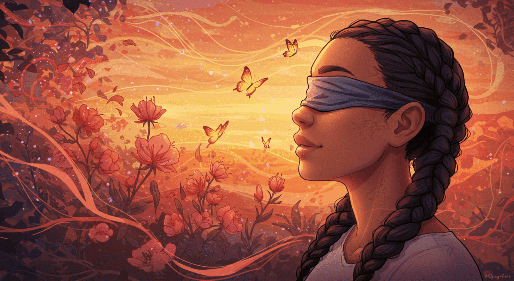 ¿Qué sueñan las personas ciegas de nacimiento? Descubre cómo experimentan el mundo en sus sueños 2 Mujer con los ojos vendados rodeada de mariposas y flores rojas. Ilustración artística con tonos cálidos y ambiente onírico.