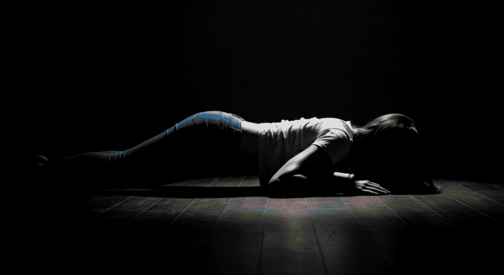 ¿Atracción natural o cultural? Por qué los glúteos nos parecen tan atractivos 7 Mujer tendida en el suelo con luz tenue. Chica con pantalones vaqueros y camiseta blanca tumbada sobre piso de madera, iluminada dramáticamente. Soledad, tristeza, luz y sombra.