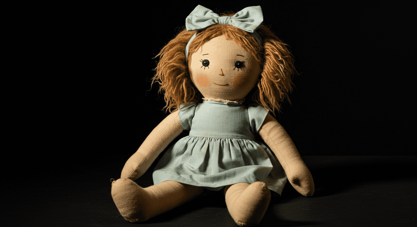Muñecos poseídos: 5 historias reales tan aterradoras que parecen ficción 4 Muñeca de tela antigua con vestido azul. Juguete vintage sentado sobre fondo oscuro. Imagen para accesibilidad y posicionamiento SEO.
