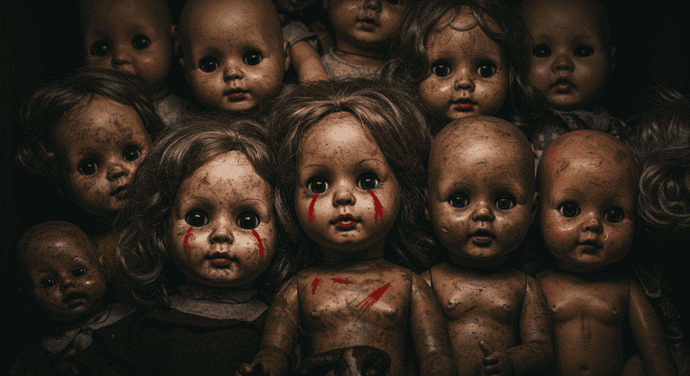 Muñecos poseídos: 5 historias reales tan aterradoras que parecen ficción 1 Grupo de muñecos terroríficos y sucios. Imagen de horror con juguetes antiguos y dañados. Fotografía para accesibilidad y posicionamiento SEO.