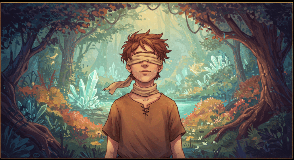¿Qué sueñan las personas ciegas de nacimiento? Descubre cómo experimentan el mundo en sus sueños 3 Niño con los ojos vendados en un bosque mágico con cristales y seres luminosos. Ilustración con ambiente de fantasía.
