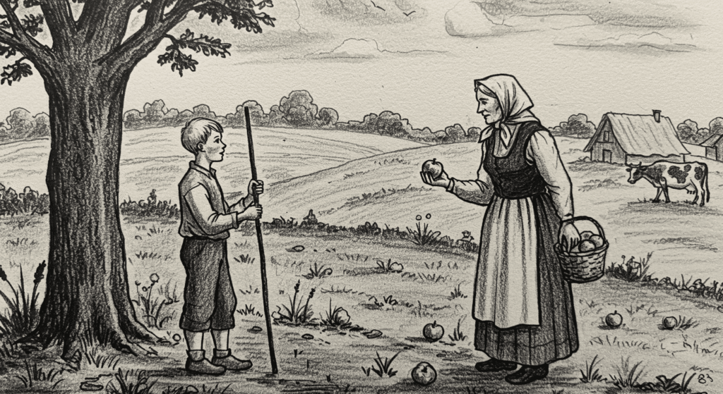 Gilles de Rais: El aterrador noble que inspiró la leyenda de Barba Azul 7 "Dibujo en blanco y negro que muestra a una mujer ofreciendo una manzana a un niño en un entorno rural. Ilustración sencilla con un toque nostálgico. Apto para personas con discapacidad visual."