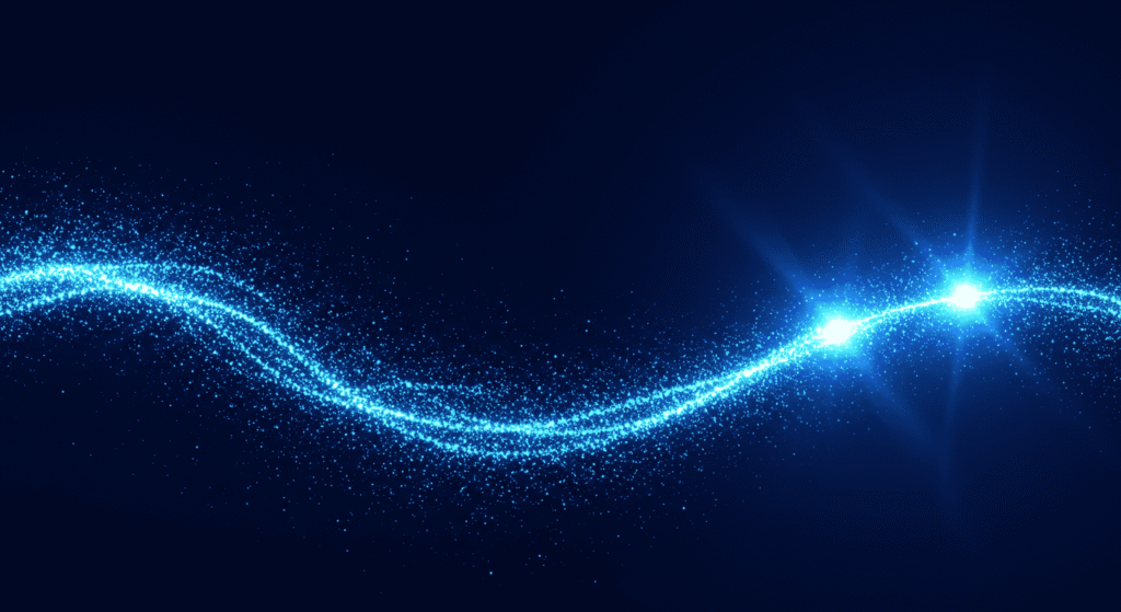 La Antimateria y sus posibles aplicaciones 1 Imagen abstracta de onda luminosa azul sobre fondo oscuro, con partículas brillantes y dos puntos de luz intensa. Representación visual de tecnología, energía y datos.