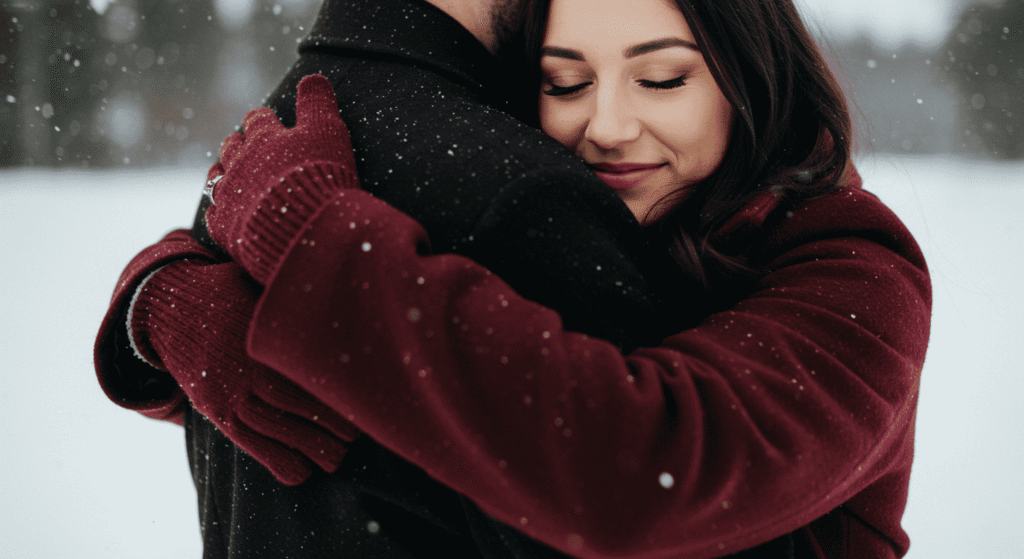 La química del amor (Parte 1): ¿Qué ocurre en tu cerebro cuando te enamoras? 6 Pareja abrazada en la nieve. Mujer con abrigo burdeos y ambiente invernal.