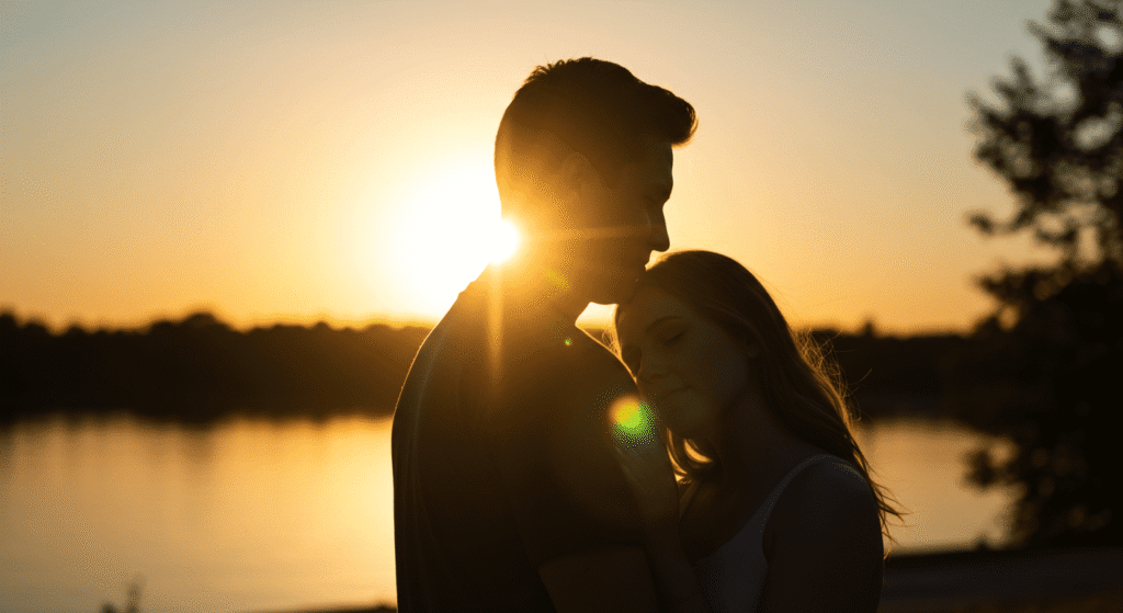 La química del amor (Parte 1): ¿Qué ocurre en tu cerebro cuando te enamoras? 2 Pareja abrazada al atardecer con contraluz y ambiente romántico. Siluetas con el sol de fondo.