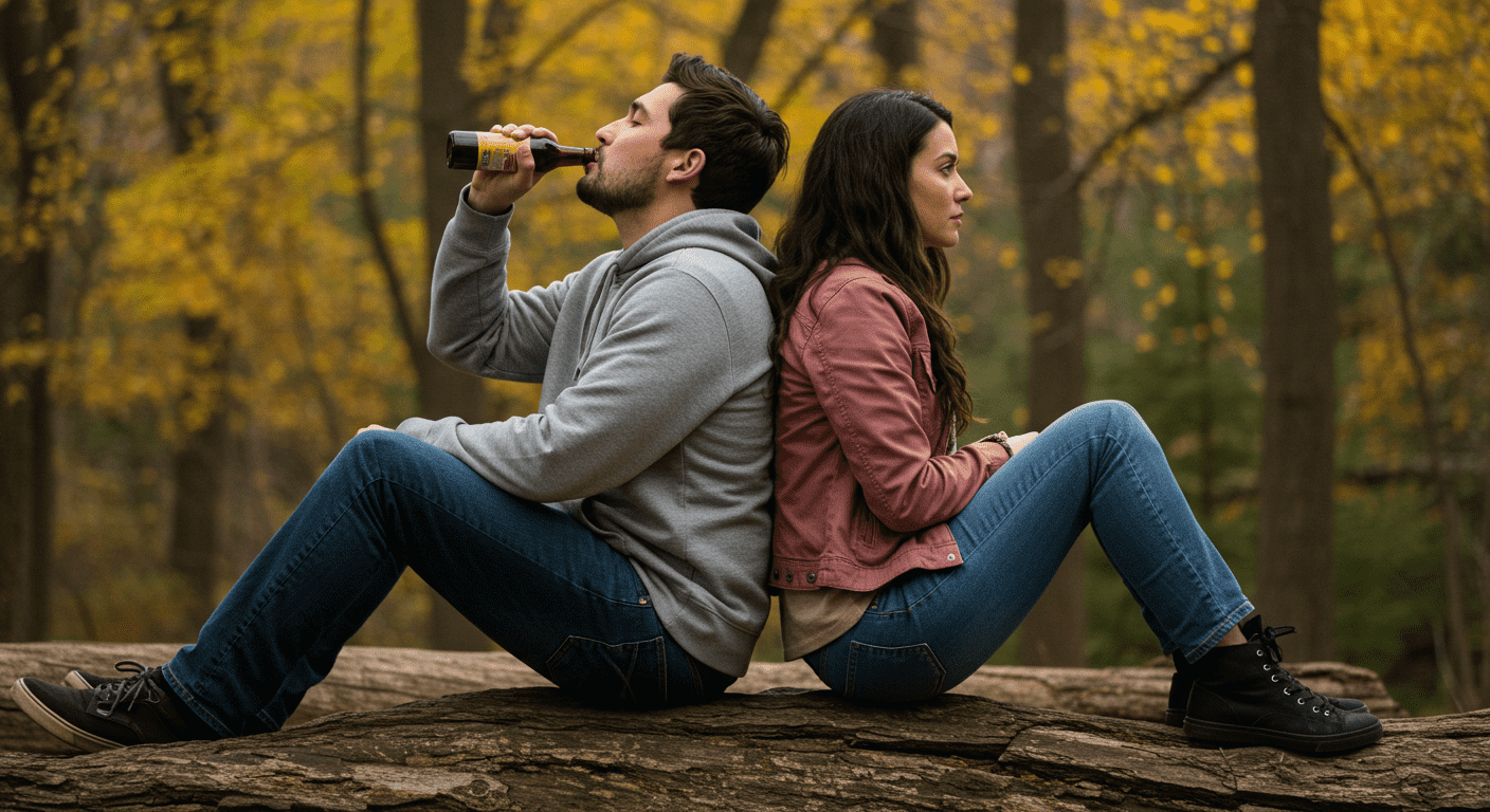 La química del amor (Parte 2): ¿Qué pasa en el cerebro cuando te enamoras? 6 Hombre y mujer sentados de espaldas en tronco. Persona bebiendo y mujer mirando hacia otro lado. Problemas de pareja y soledad