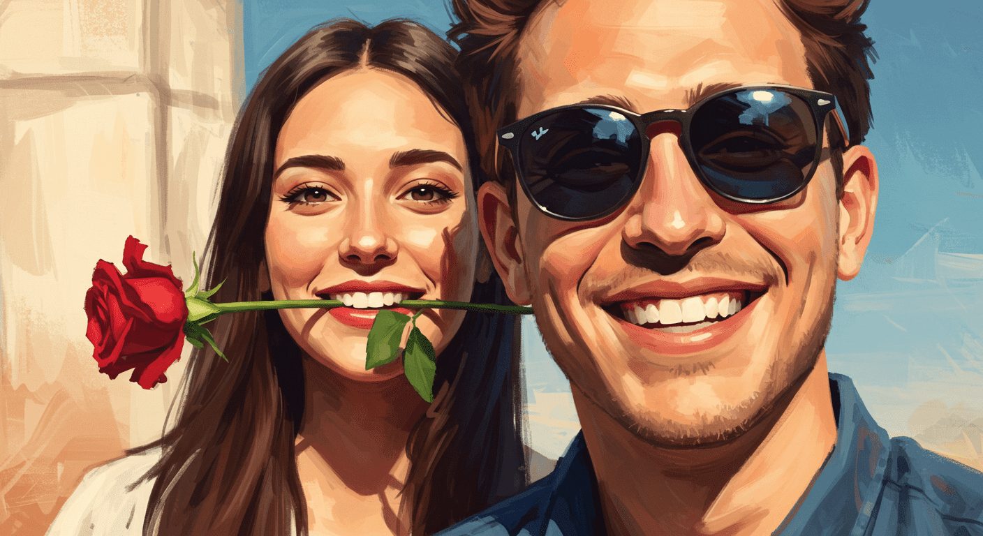 La química del amor (Parte 2): ¿Qué pasa en el cerebro cuando te enamoras? 4 Retrato digital de pareja con estilo pictórico. Hombre con gafas de sol sonriendo y mujer con rosa en la boca. Arte digital de pareja feliz
