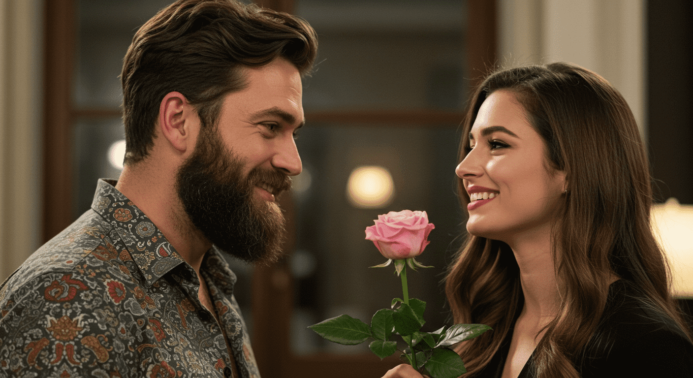 La química del amor (Parte 2): ¿Qué pasa en el cerebro cuando te enamoras? 5 Hombre y mujer sonriendo con rosa. Pareja enamorada en cita. Regalo de rosa para mujer
