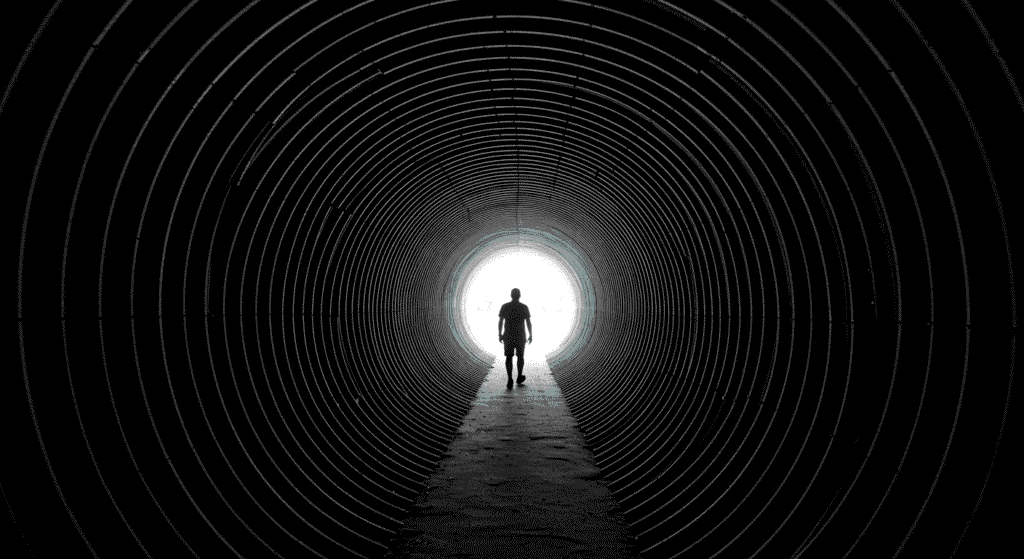 ¿Qué hay después de la muerte? Creencias, teorías y lo que dice la ciencia 1 Persona caminando hacia la luz al final de un túnel. Fotografía en blanco y negro sobre esperanza y superación.