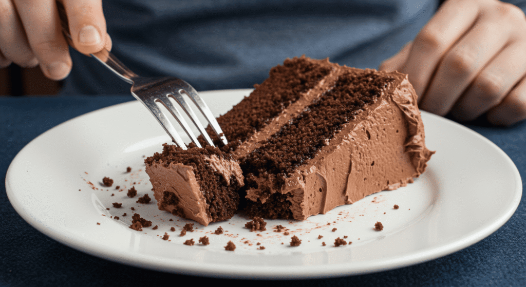 La química del amor (Parte 1): ¿Qué ocurre en tu cerebro cuando te enamoras? 7 Persona comiendo un trozo de pastel de chocolate. Postre, dulce y disfrute culinario.