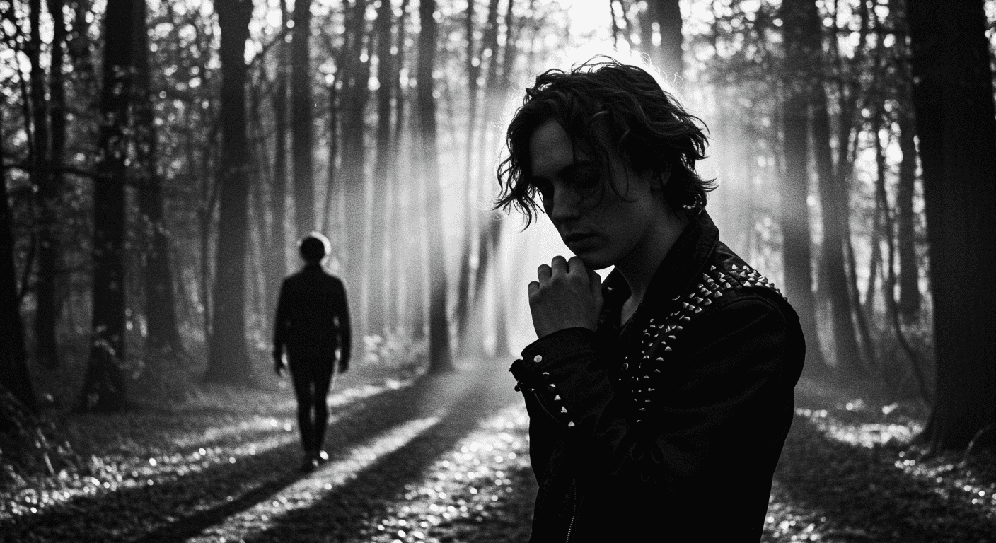 La química del amor (Parte 2): ¿Qué pasa en el cerebro cuando te enamoras? 3 Foto en blanco y negro de dos personas en bosque. Silueta y persona con chaqueta tachuelas en parque. Misterio y sombras en imagen de arboles