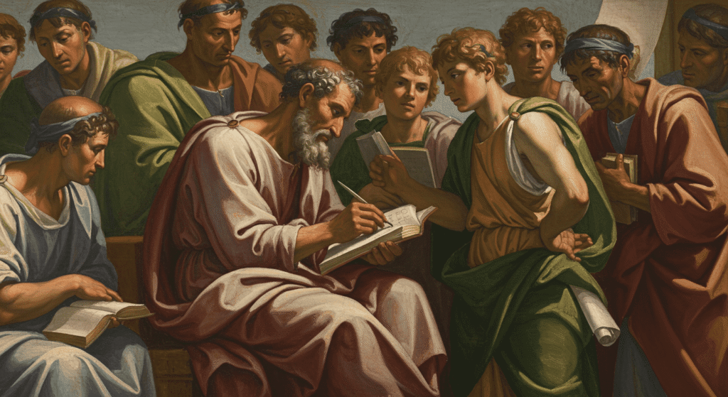 La letra H: ¿Innecesaria o más útil de lo que parece? 4 Fragmento de pintura clásica con filósofos y estudiosos. Representación del conocimiento y la sabiduría antigua.