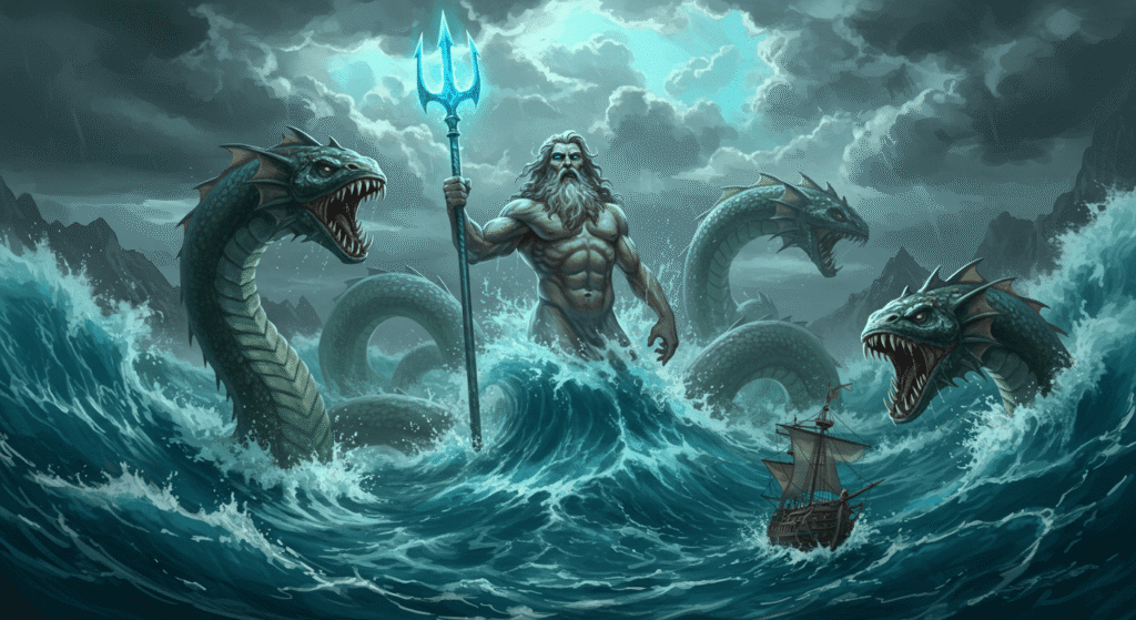 Mitología griega: Los dioses, héroes y leyendas que forjaron el mundo antiguo 4 Ilustración de Poseidón con tridente luchando contra monstruos marinos en aguas turbulentas. Poseidón dios mar tridente monstruos.