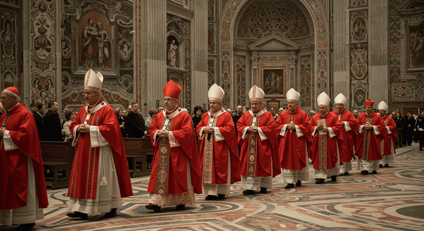 ¿Cómo se elige al nuevo Papa? Todo sobre el Cónclave y sus secretos 5 "Procesión de cardenales católicos en ceremonia religiosa. Imagen de líderes de la iglesia desfilando en el Vaticano. Iglesia Católica, Vaticano, cardenales."