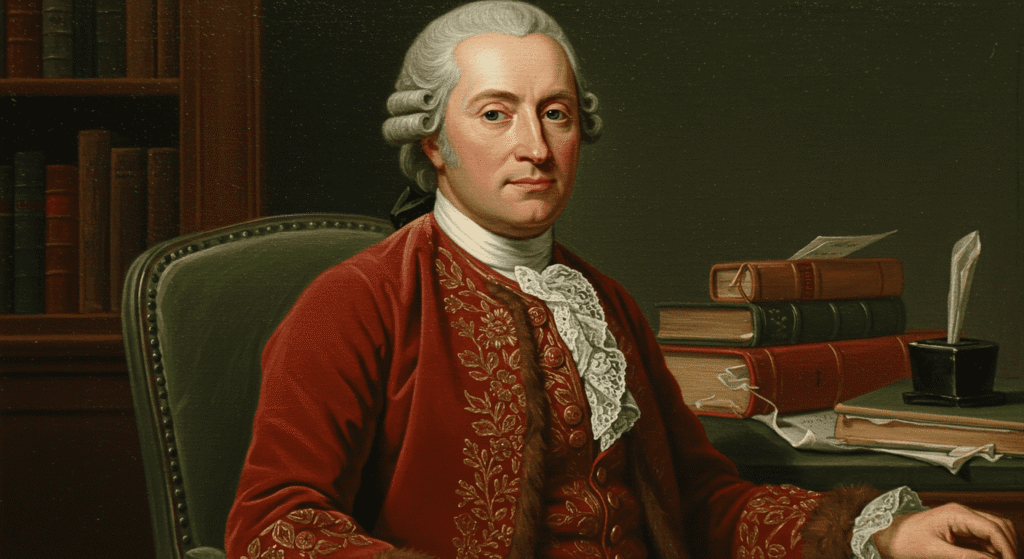 ¿Quién fue Giacomo Casanova? Más que un seductor, un genio del siglo XVIII 6 Retrato de hombre del siglo XVIII con traje rojo y peluca empolvada en su estudio. Pintura retrato siglo XVIII caballero erudito.