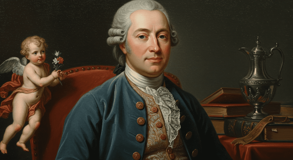 ¿Quién fue Giacomo Casanova? Más que un seductor, un genio del siglo XVIII 7 Retrato de hombre del siglo XVIII con traje azul y querubín en el fondo. Pintura retrato siglo XVIII querubín.