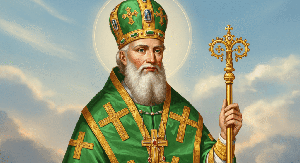 Los duendes: Mitos, leyendas y posibles explicaciones de estas misteriosas criaturas 5 Representación de un santo o obispo vestido con una túnica verde adornada con cruces doradas, un halo brillante sobre su cabeza y sosteniendo un báculo. Imagen religiosa para representar figuras santas y temas religiosos.