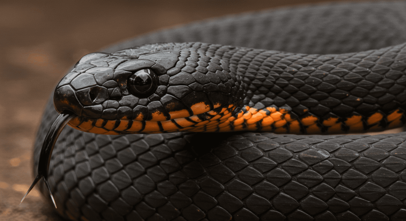 Los 6 animales más peligrosos del mundo (y por qué deberías temerles) 2 Primer plano de una serpiente negra con la lengua bífida extendida. Imagen de fauna salvaje sobre reptiles y animales exóticos. Ideal para contenido sobre naturaleza y zoología.