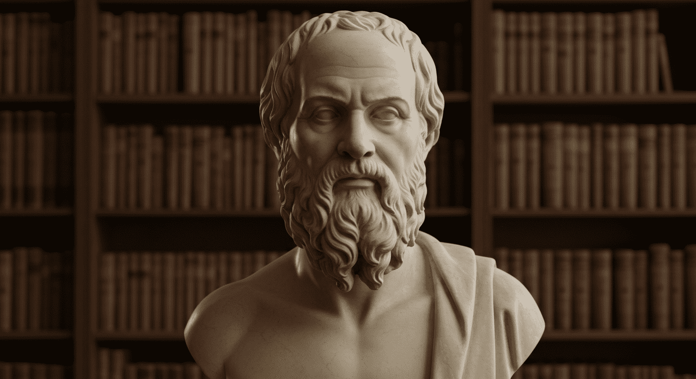 ¿Quién fue Sócrates y por qué sigue siendo clave en la filosofía actual? 4 Busto de mármol de Sócrates en una biblioteca con estanterías llenas de libros antiguos. Imagen que representa la filosofía, el conocimiento y la historia del pensamiento. Ideal para contenido educativo y cultural.