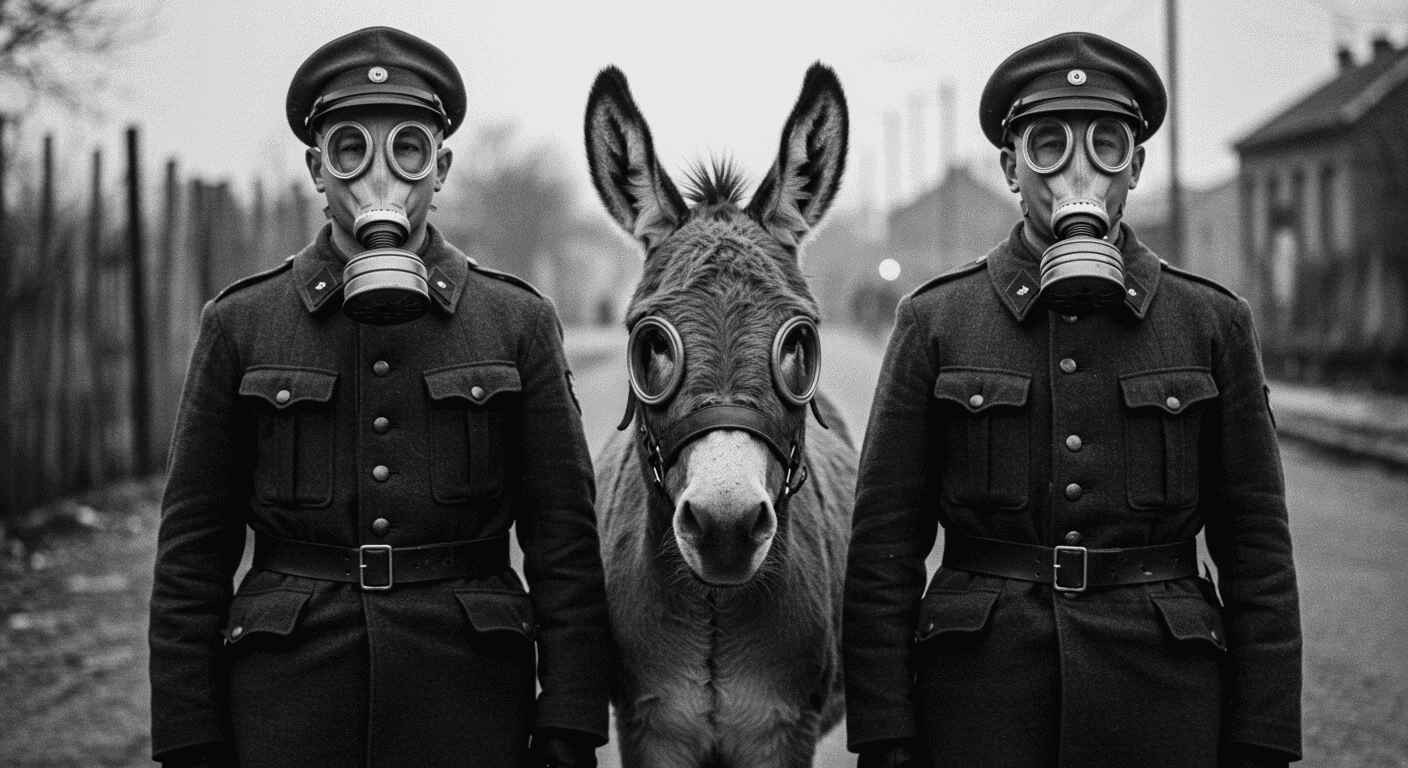 La Primera Guerra Mundial: Causas, consecuencias y por qué la llamaron la “Gran Guerra” 4 Fotografía antigua y curiosa de dos soldados y un burro con máscaras de gas durante la guerra. Imagen histórica que resalta el uso de animales en conflictos bélicos y la protección contra armas químicas. Perfecta para ilustrar artículos y contenido educativo sobre la Primera Guerra Mundial.
